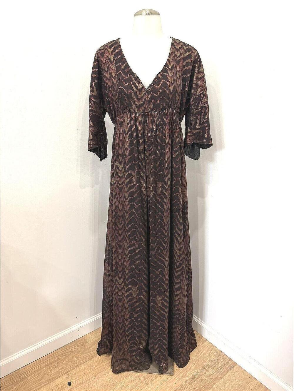 Handmade Brown Patterned V-Neck Maxi Dress with Half Sleeves